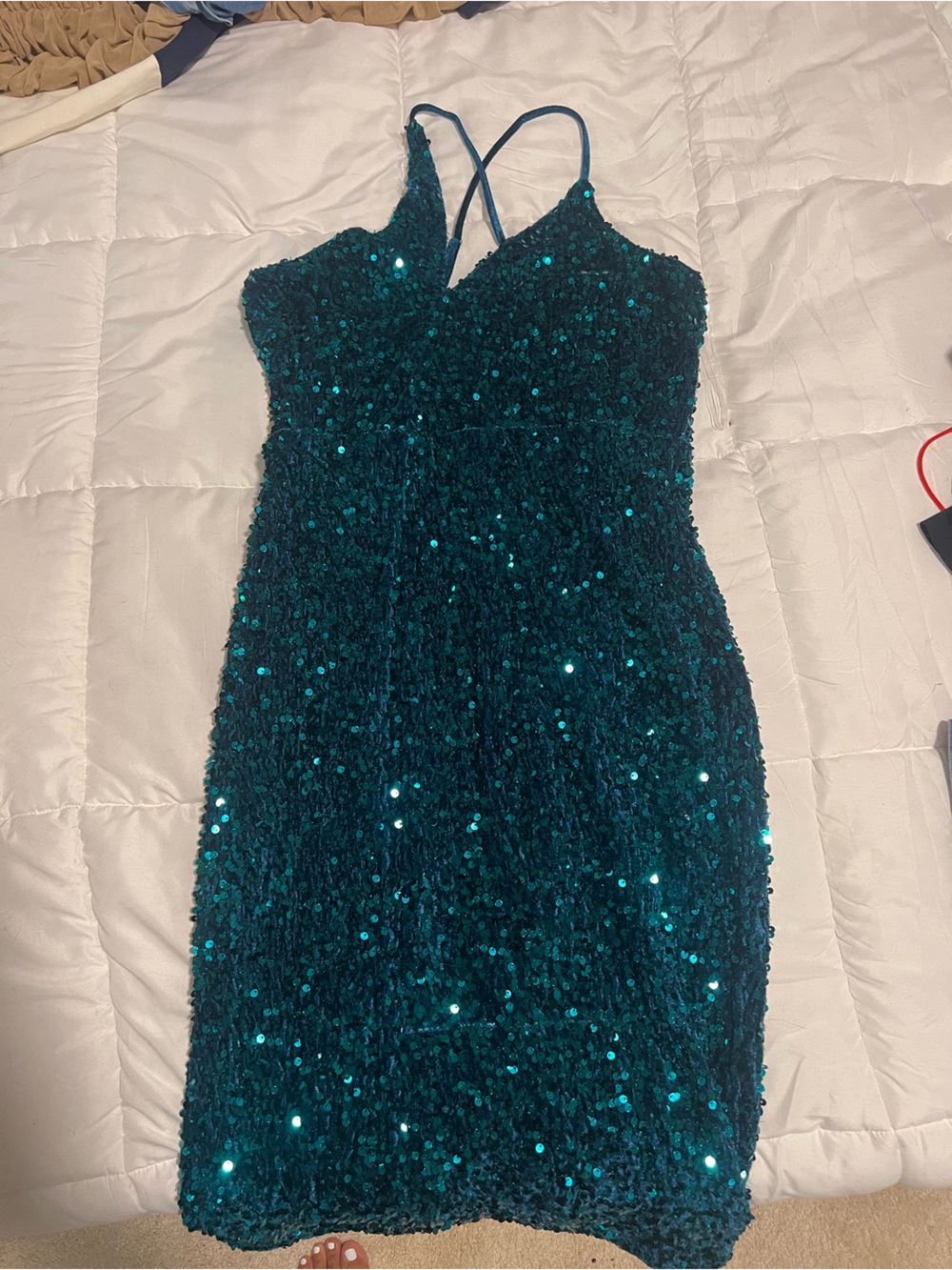 Fashion Nova Teal Sequin Midi Dress with Spaghetti Straps